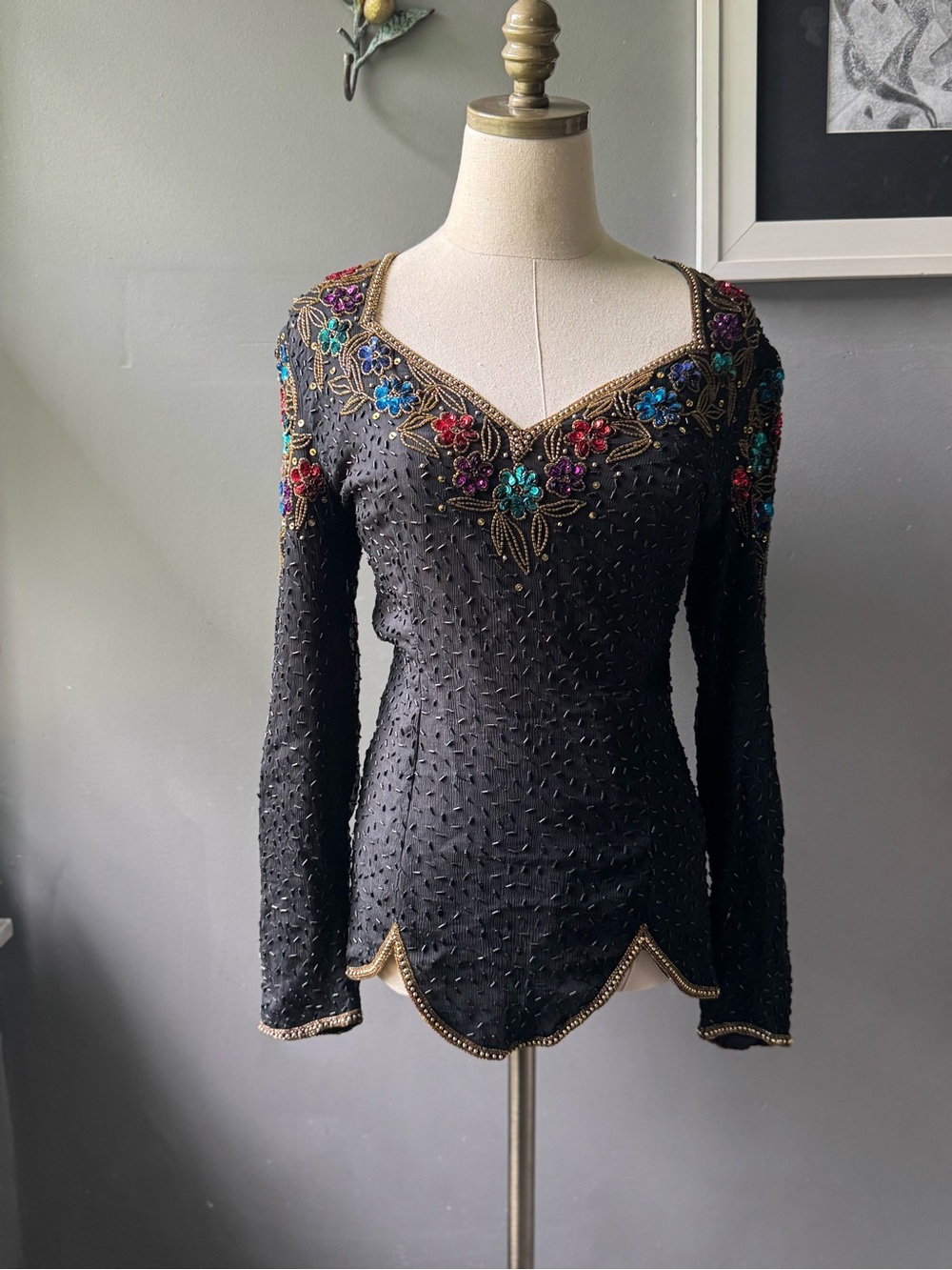 Vintage Beaded Black Scala Top with Beads and Colorful Sequins Size Medium